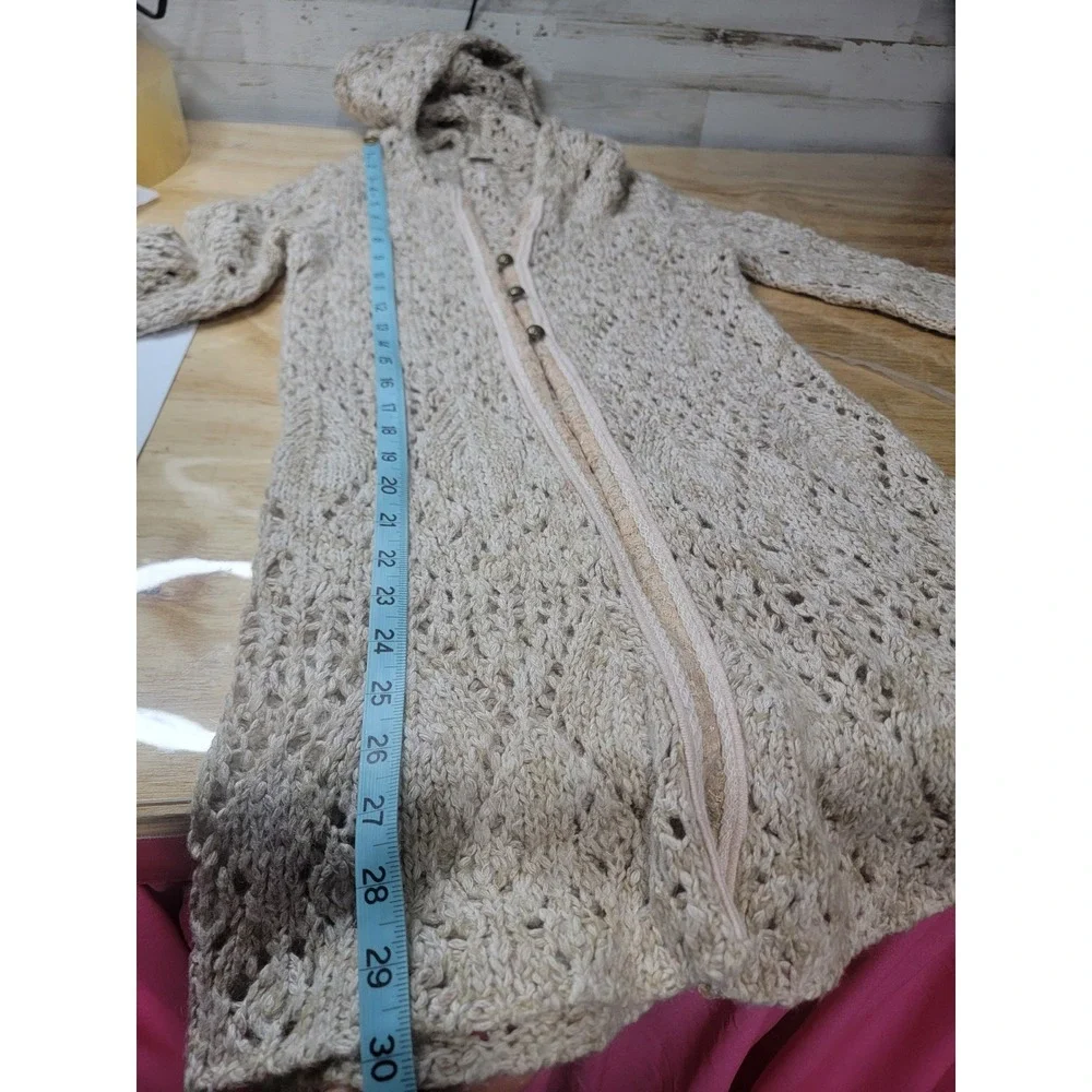 ♡Free People Womens Beige Pointelle Knit Hooded Cardigan Long Sweater XS